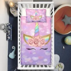 Purple Hearts Dreaming Unicorn Crib Bedding Set – Unicorn Nursery Baby Bedding
