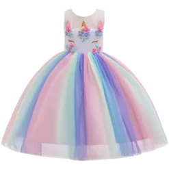 Unicorn Rainbow Embroidery Princess Dress -Unicorn Fashion Retail 6330 New Unicorn Rainbow Embroidery Princess Baby Girl Dress Summer Wedding Party Kid Dress For 4