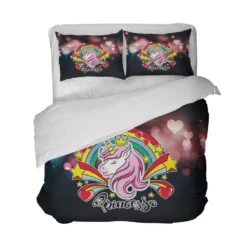 Romantic Unicorn Bedding Set -Unicorn Fashion Romantic Unicorn Bedding Set Colorful Rainbow Heart Print Duvet Cover Set Girls Princess Cartoon Bedding Soft 4