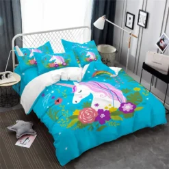 Sky Blue Unicorn Bedding Set 11 Sky Blue Unicorn Bedding Set -Unicorn Fashion Sky Blue Bedding Set Unicorn Duvet Cover Set Colorful Cartoon Flowers Print Bed Cover Polyester Bedclothes 3
