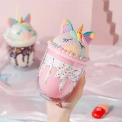 Straw Unicorn Cartoon Ice Cream Creative Drinking Cup -Unicorn Fashion Straw Cup Super Cute Unicorn Cartoon Ice Cream Creative Design Girls and Kids Favorite Double Drinking 2