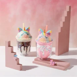 Straw Unicorn Cartoon Ice Cream Creative Drinking Cup -Unicorn Fashion Straw Cup Super Cute Unicorn Cartoon Ice Cream Creative Design Girls and Kids Favorite Double Drinking 3