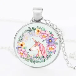 Cute Pink Unicorn Glass Cabochon Pendant Necklace Gifts