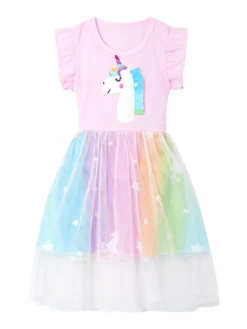 Unicorn Summer Party Princess Dresses With Flying Sleeves -Unicorn Fashion Toddler Girls Clothes Summer Princess Dresses Flying Sleeve Kids Dress Unicorn Party Girls Dresses Children Clothing 1