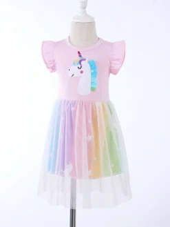 Unicorn Summer Party Princess Dresses With Flying Sleeves -Unicorn Fashion Toddler Girls Clothes Summer Princess Dresses Flying Sleeve Kids Dress Unicorn Party Girls Dresses Children Clothing 2