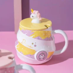 Unicorn Cute Coffee Mug With Lid & Spoon -Unicorn Fashion Unicorn Coffee Mug Cute Ceramic Cup for Kids Rainbow Cartoon Water Cup with Lid Girls Porcelain 3