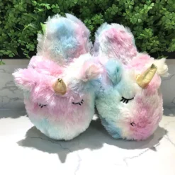 Soft Plush Unicorn Slippers -Unicorn Fashion Unicorn Slippers Kids Flip Flops Girls Winter Warm Cotton Shoes Children Animal Plush Fur Slippers Funny 3