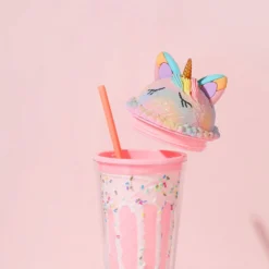 Unicorn Sparkling Rainbow Tumbler 13 Unicorn Sparkling Rainbow Tumbler -Unicorn Fashion Unicorn Water Cup 450ml Double Layer Kids Kawaii Tumbler Plastic Water Bottle with Straw Ice Cream 4