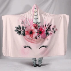 Pink Flower Unicorn Eyelash Hooded Blanket