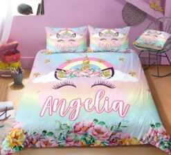 Personalized Custom Rainbow Bling Bling Unicorn Lash Bedding Set