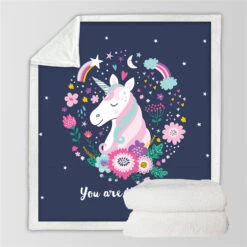 Flowers Unicorn Themed Sherpa Fleece Blanket