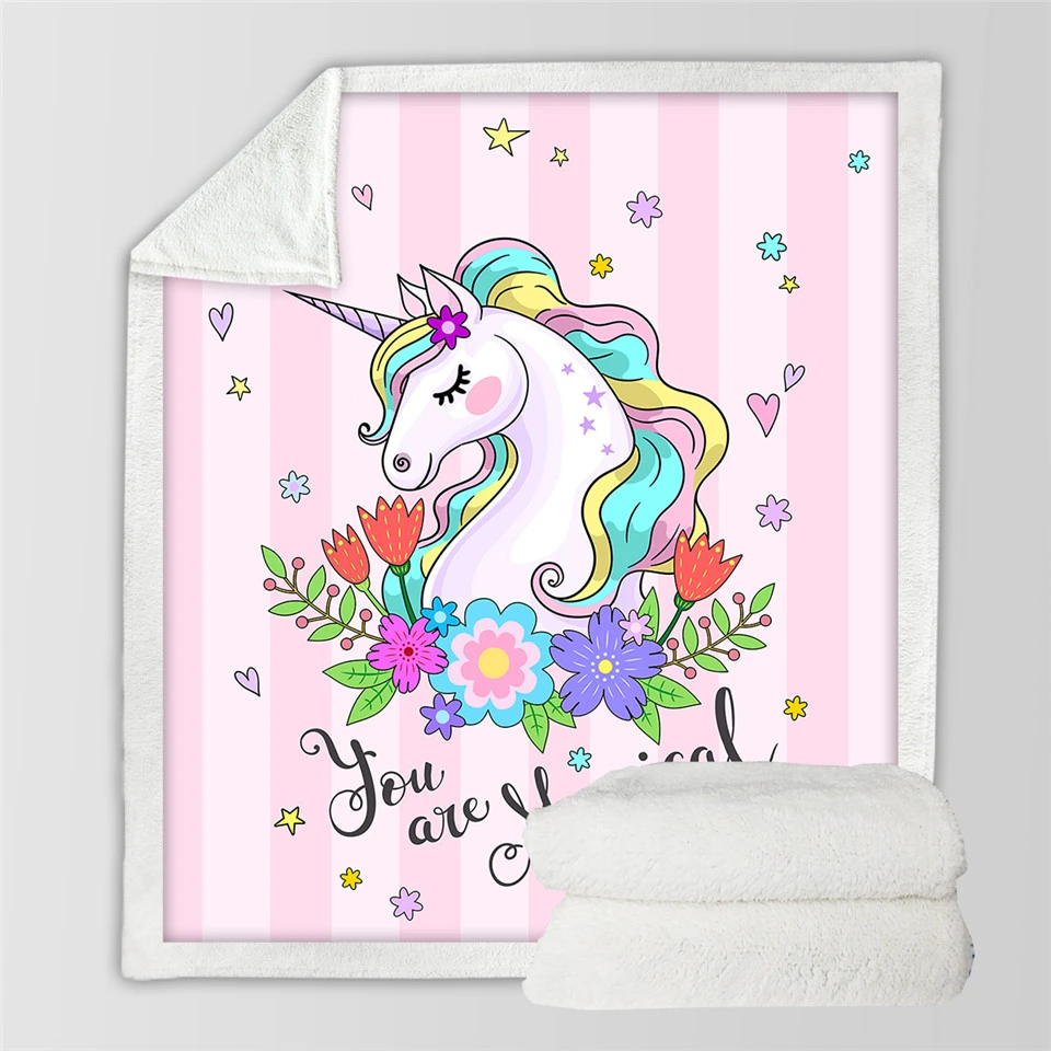 Flower Cute Unicorn Themed Sherpa Fleece Blanket 3 Flower Cute Unicorn Themed Sherpa Fleece Blanket